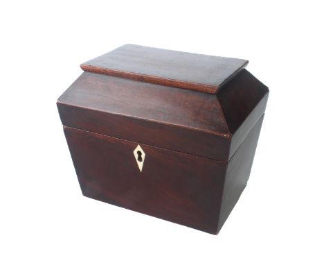 A 19th century mahogany veneered sarcophagus tea caddy - the twin compartment interior lacking the lids, veneer losses. (LWH 