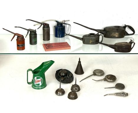 Automobilia: a collection of vintage oil cans - including a large Braimes can, 44cm long; a Kayes Patent can, 25cm long; a sm