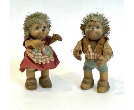 Two Steiff Micki and Mecki hedgehogs - 1950s-60s, with card tags and original felt and cotton clothes, 11.75cm high.