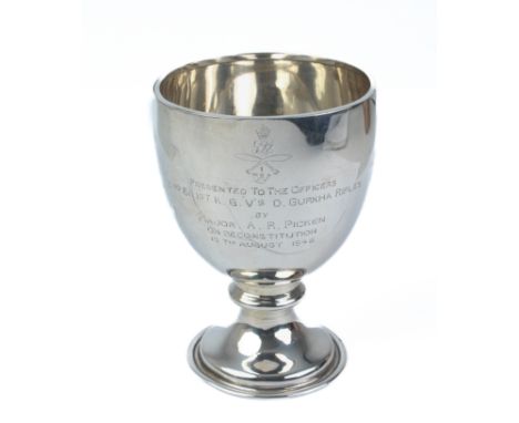 Gurkha Rifles interest: a silver plated presentation goblet, c.1946 - engraved with the Gurkha Rifles crest over a presentati