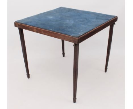 A vintage beech wood folding square card or bridge table - with blue velvet playing surface, on fluted, square tapered legs. 