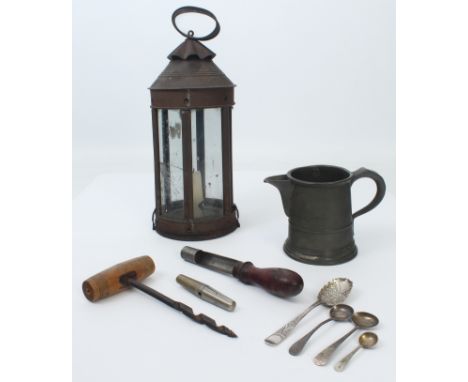 A small group of collectables - comprising a tin hanging candle lamp, probably early 20th century, 32.5cm high, one pane of g
