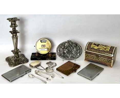 A small group of silver plated items and other metal ware - including a French mid-century gilt metal and marble perpetual ca