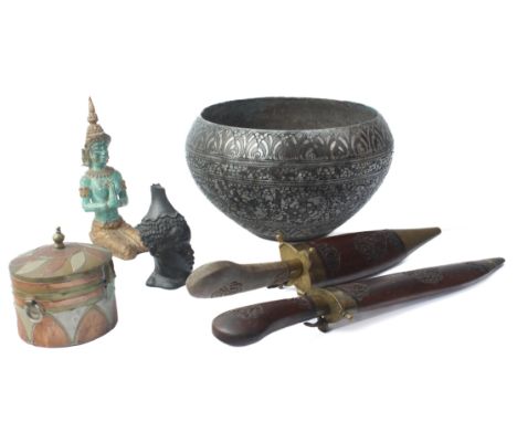A small group of Eastern and Oriental collectables - comprising a modern Thai cold painted cast metal figure of a kneeling de