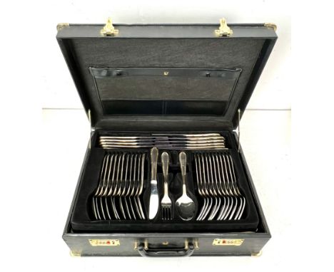 A cased suite of German parcel gilt stainless steel cutlery by Bachmayr of Solingen - for twelve place settings, comprising 1