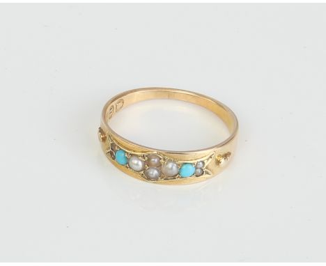 A Victorian 15ct gold, turquoise and seed pearl ring - hallmarked London 1868, size N/O.