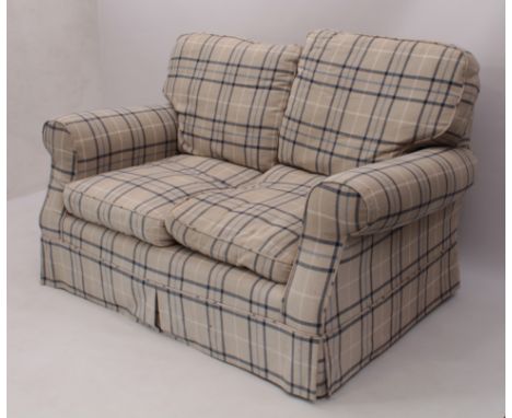 A Laura Ashley Padstow sofa - in buff and blue checked upholstery, 142cm long, 83cm high.
