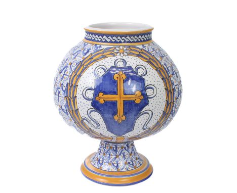 An Italian maiolica style pedestal albarello jar - late 20th century, painted monogram 'HBR' to base, of globular form with f