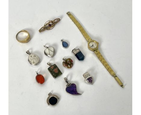 A small collection of silver and white metal pendants - most gemstone set; together with an Edwardian 9ct rose gold bar brooc