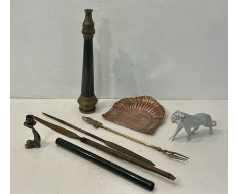 A small group of metal ware - including a 'Morris's Patent, Salford' copper and brass fire hose nozzle, 45cm long; two antiqu