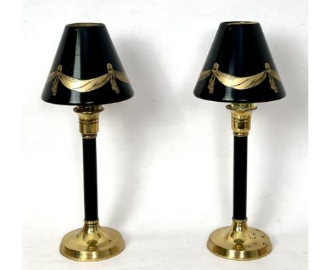 A pair of brass and ebonised candlestick lamps - late 20th century, the candlesticks 20.5cm high, with black lacquered and gi
