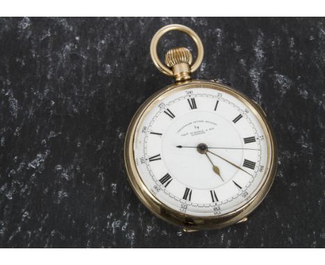 An early 20th century gold plated open faced chronograph pocket watch by Thomas Russell & Son, signed white enamel dial, oute