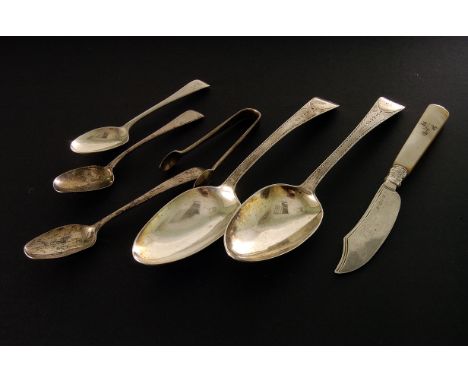 A pair of George III silver tablespoons and other silver flatware, having bright cut handles with initial D, together with a 
