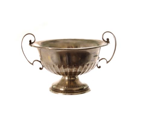 A George V silver twin handled bowl by Walker & Hall, the footed circular bowl with fluted lower, approx 10.8ozt 