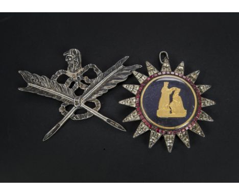 A Victorian Masonic jewel set presentation medallion, the central blue engine turned enamel plaque with applied gold King Dav