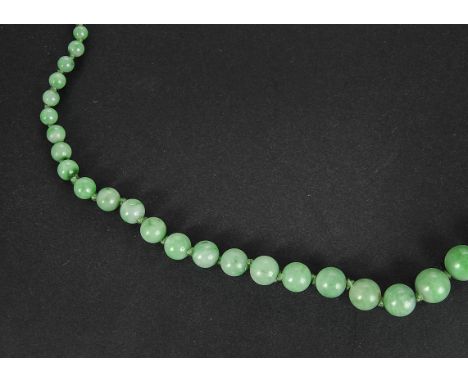 A two strand jade necklace, the strands of graduated beads to a sapphire and diamond box link clasp, approx 38cm long 