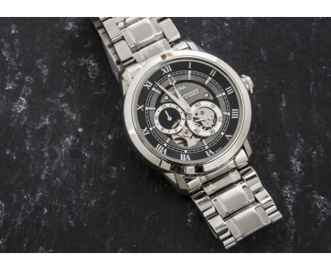 A modern stainless steel Bulova Automatic gentleman’s wristwatch, Roman numerals to outer dial with two subsiduaries and open