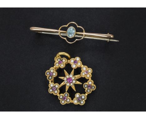 A pretty ruby and seed pearl floral theme pendant, together with an aqua marine and 9ct gold bar brooch (2) 