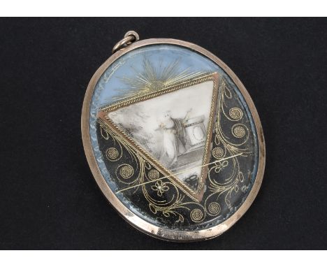 A 19th century mourning pendant, the oval frame with vacant glazed compartment to reverse, the front with painted triangular 