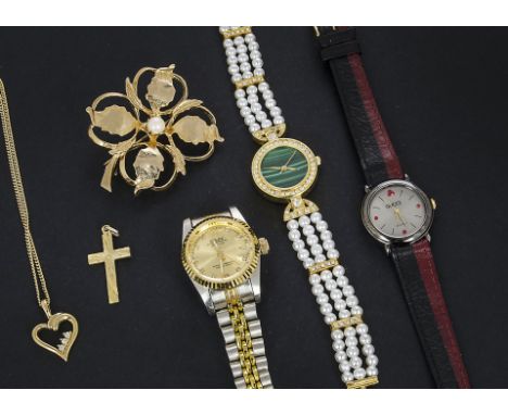 A collection of costume jewellery and watches, including three lady’s fashion watches, several gold plated items of jewellery