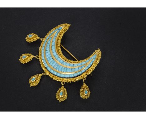 A Middle Eastern yellow metal and turquoise brooch, the crescent shaped panel having five tear drop shaped pendants, AF one p