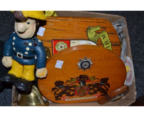 Fire Service memorabilia - a small brass replica fireman's helmet, others;  a fireman Sam toy, a fireman money box; etc