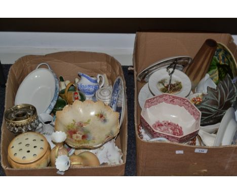 Ceramics - a continental stylised fish plate, ceramic shoes;  a Masons octagonal fruit bowl, blue and white ceramics; etc (2 
