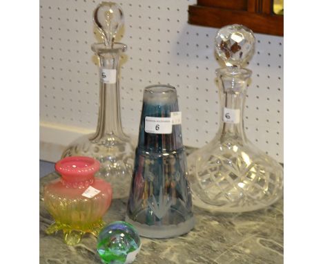 Glassware - an Edwardian glass decanter; another cut glass; a pink vaseline glass posy vase; a blue etched glass decanter and