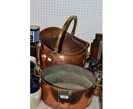 A copper helmet shaped coal scuttle';  an oval copper pan (2)