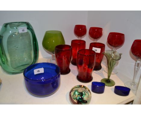 Coloured Glass - a Bristol blue glass rinser, four ruby glass tumblers;  etc 