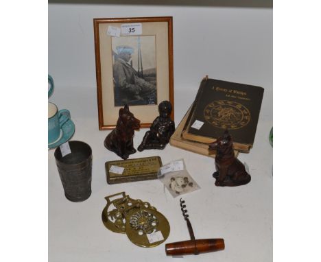 Ephemera - horse brasses; a corkscrew, stamped Law & Co 1917; collar studs, a pair of resin models of German Shepherd dogs; a