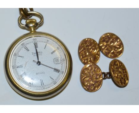 A Quartz open faced plated pocket watch;  a pair of plated cufflinks, etc 