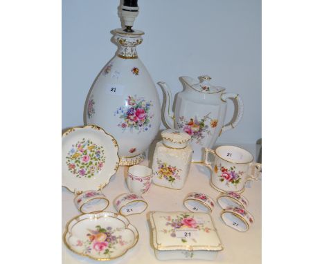 A Royal Crown Derby Posies pattern table lamp;  a tea caddy;  trinket dish;  loving cup etc printed marks, five napkin rings 