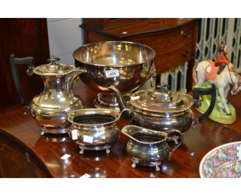 Plated Ware - a Mappin & Webb silver plated punch bowl, lion mask handles, a boat shaped 4 piece tea service comprising, teap