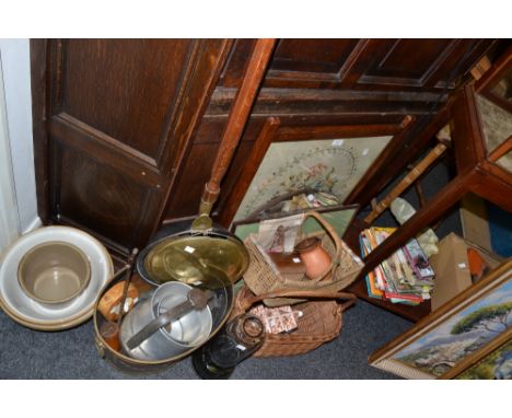 Household goods - a firescreen;  brass bed warmer;  tongue press; novelty teapot; oak framed barometer; a lantern; baskets;  