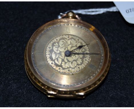 An 18ct open faced lady's pocket watch, engraved face, Roman numerals, the  back engraved and  chased with foliate scrolls, c