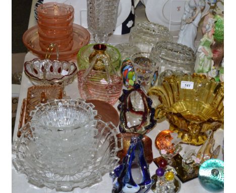 Glassware - pressed and cut glass, pink frosted glass dessert set, pressed butterscotch amber glass bowl, jelly moulds, Itali