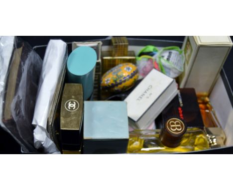 Ephemera - Browns Manual of Bowling book; postcards, silk handkerchiefs; pewter shoe; vintage perfumes, Elizabeth Arden Blue 