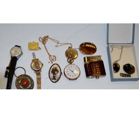 Jewellery - a Blue John pendant and brooch; a lady's 9ct gold Rotary wristwatch, a lady's gold plated pocket watch; a Scottis