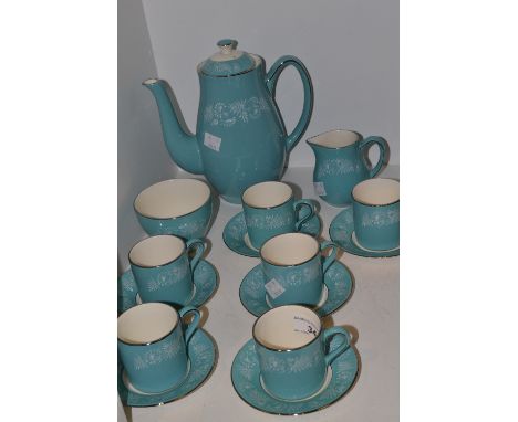 A Midwinter coffee service, in turquoise with  platinum rim 