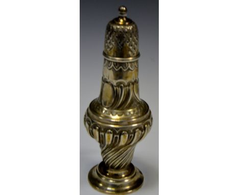 A Victorian silver caster, spirally fluted, lofty domed cover, ball finial, Birmingham 1891, 3.5oz