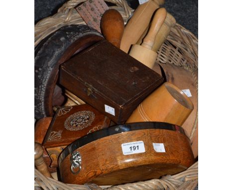Household goods - a wicker laundry basket,vintage wooden rolling pins,cribbage board, African hardwood carved wood mallet, si