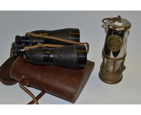An Eccles miners lamp;   Pair of racing binoculars, cased (2)