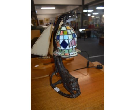 Reproduction Lamp with Leaded Glass Shade in the Form of an Cat 
