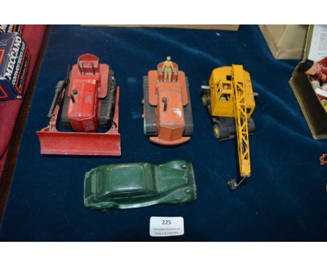 Three Diecast Dinky Super Toy Bulldozers, Cranes, etc. plus Vintage Composite Toy Car 