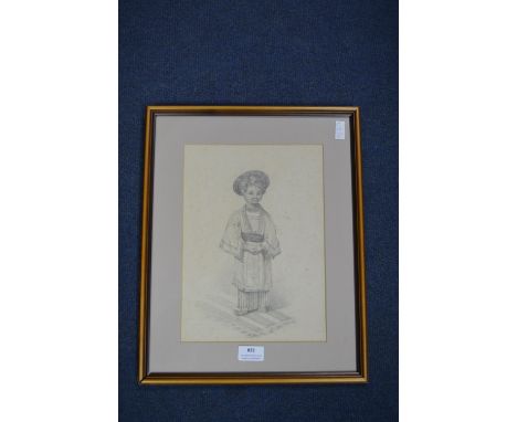 Victorian Pencil Sketch of a Child Wearing Eastern Costume 