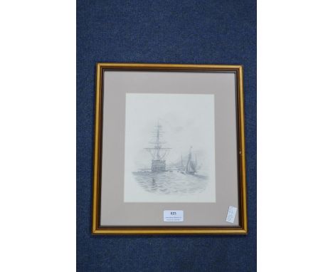 Victorian Pencil Sketch of Sailing Ship by Louisa Holt 1838 