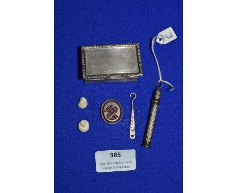 Hallmarked Sterling Silver Snuff Box, Pencil Case, Miniature Button Hook, Seal with Silver Rim, and Two Carved Studs 