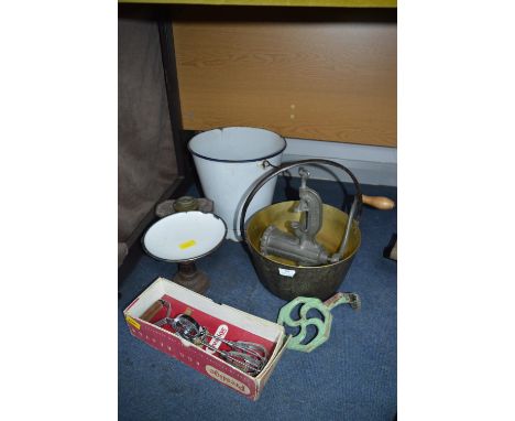 Brass Jam Pan, Enamel Bucket, Scales, Mincers, etc. 