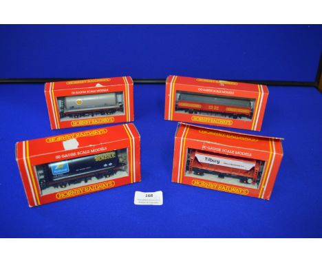 Hornby OO Gauge R111 Tank Wagon, R019 Hopper, R032 Shell Tank Wagon, and R035 Open Wagon 